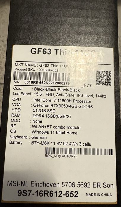Laptop Gaming MSI GF63 Thin - Intel i7-11800H - RTX 3050