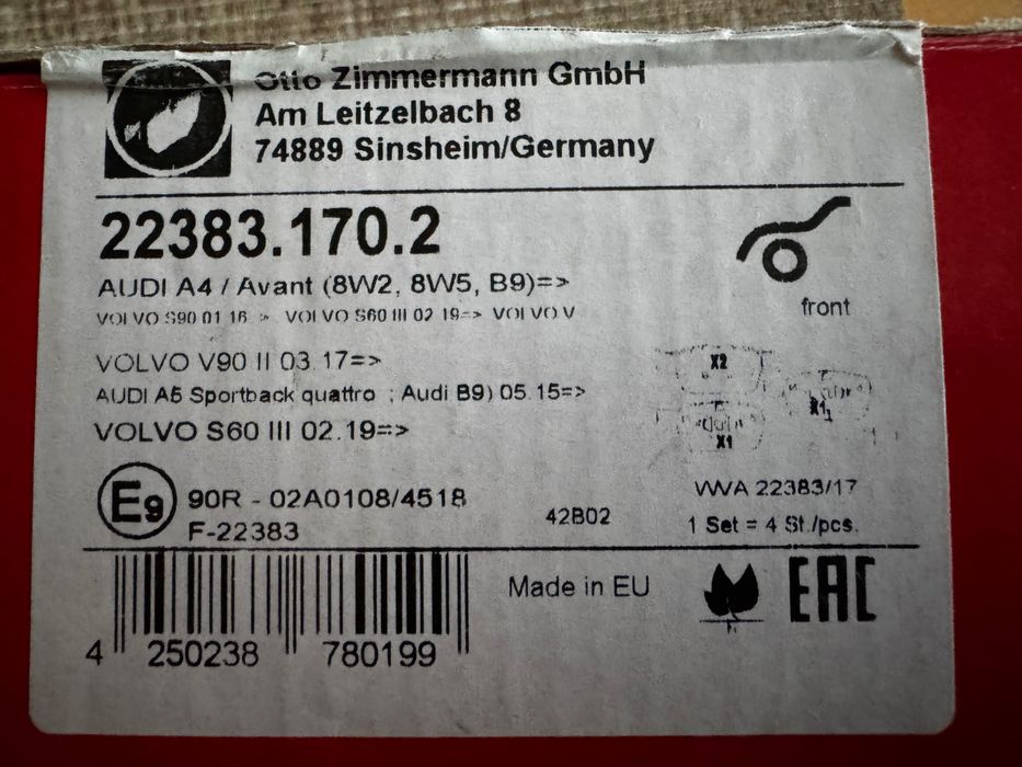 Накладки Zimmermann AUDIA4,A5/Avant(8W2,8W5,B9)VOLVO V90||,VOLVOS60|||