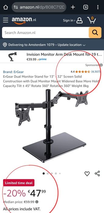 Свободно стояща регулируема стойка за бюро за 2 монитора, ErGear