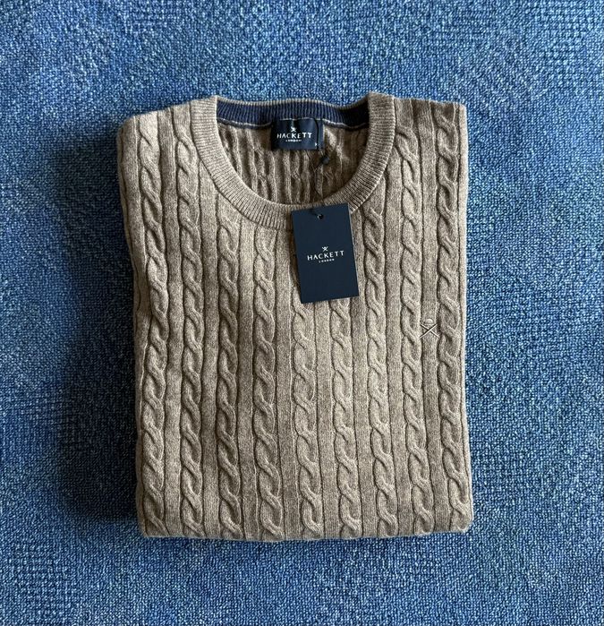 80% вълна Hackett London Cable Crew Lambswool Pullover ОРИГИНАЛ мъжки пуловер - L/XL