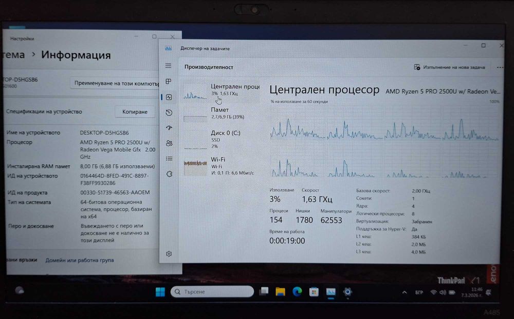 14' IPS Lenovo ThinkPad AMD Ryzen 5 PRO 2500U/8GB/256GB SSD/Бат.5ч.