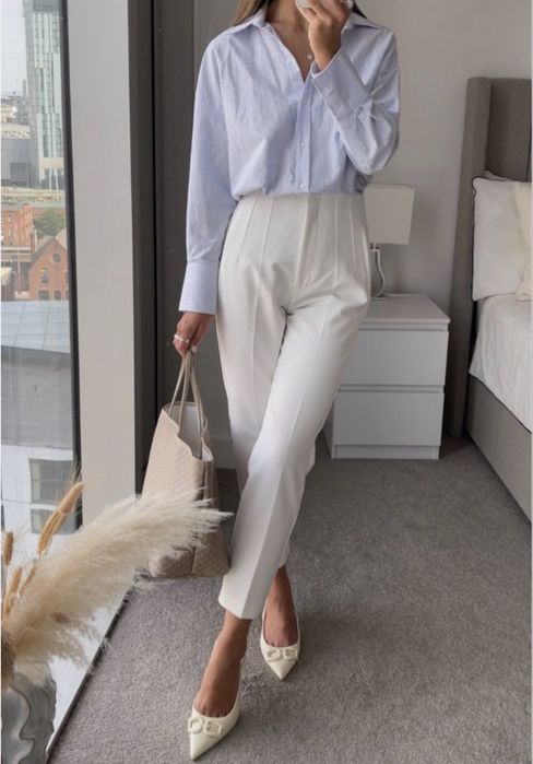 Zara Viral Бял Панталон С Висока талия