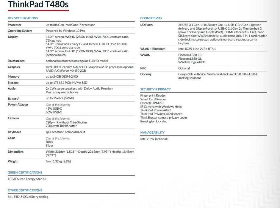 Lenovo ThinkPad T480s Intel 1.6 GHz 16GB RAM