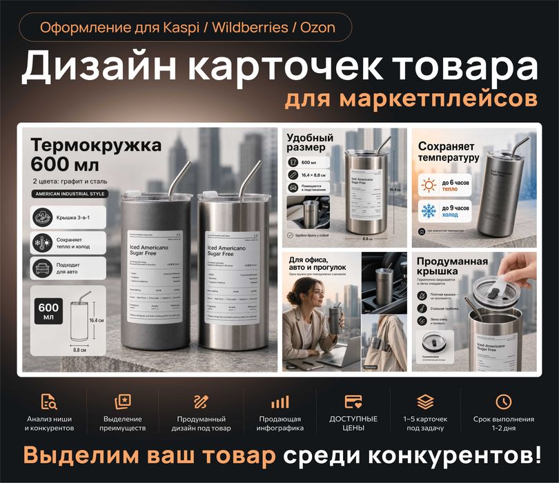 Дизайн карточек товара для Kaspi / Wildberries / Ozon