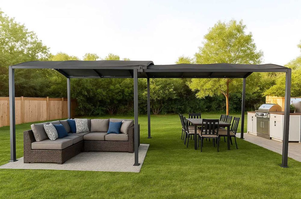 Pergola Dubla Premium CARPORT din Oțel 295×570 cm – Cadru Rezistent, Acoperiș Textil, Design Elegant pentru Grădină și Terasă