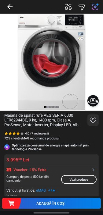 Masina de spalat rufe AEG SERIA 6000 LFR62944BE, 9 kg, 1400 rpm, Clasa A, ProSense, Motor Inverter, Display LED, Alb