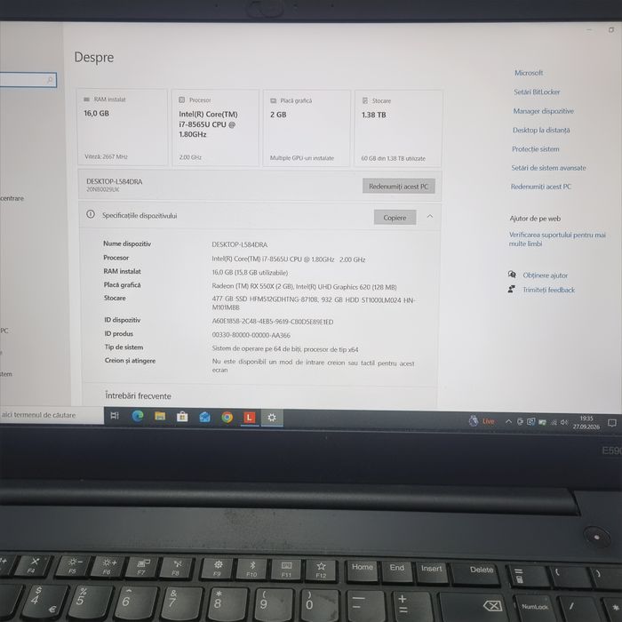 Lenovo I7-8565U,16Gb Ram, Ssd 512Gb