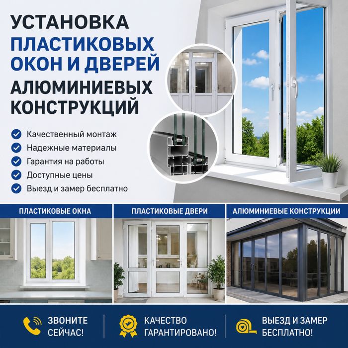 Окна ,двери, перегородки, витражи из пластика и алюмений