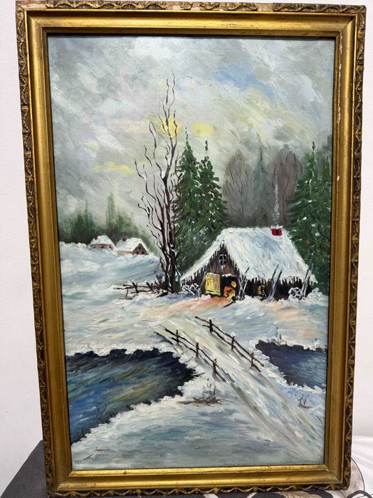 tablou pictat pe lemn in ulei cu geam dim 44x67cm tablou vechi in ulei