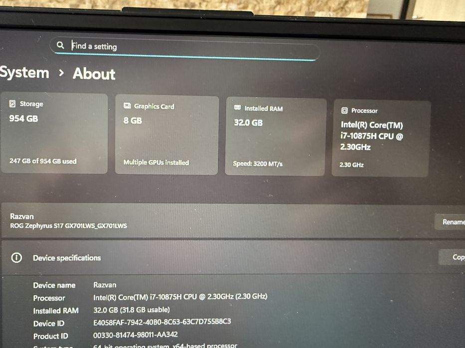 Laptop gaming ASUS ROG ZEPHYRUS 17.3” GX701
