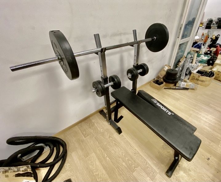 Set sala Banca piept+haltera gantere cu bari otel crom si piulite, noi