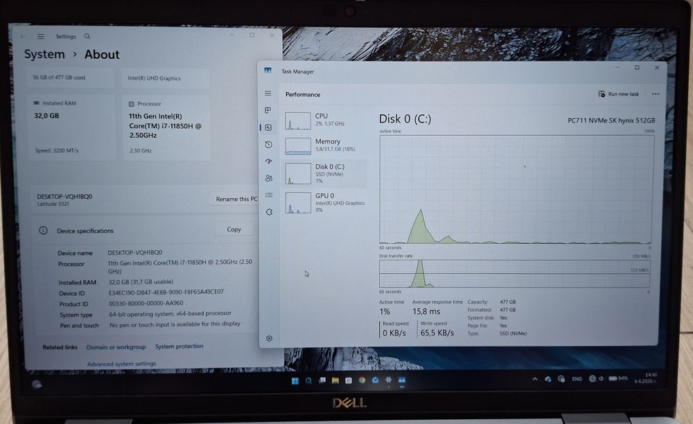 15.6' IPS Dell Latitude 5521 Intel Core i7-11850H/32GB DDR4/512GB/Бат.4ч.