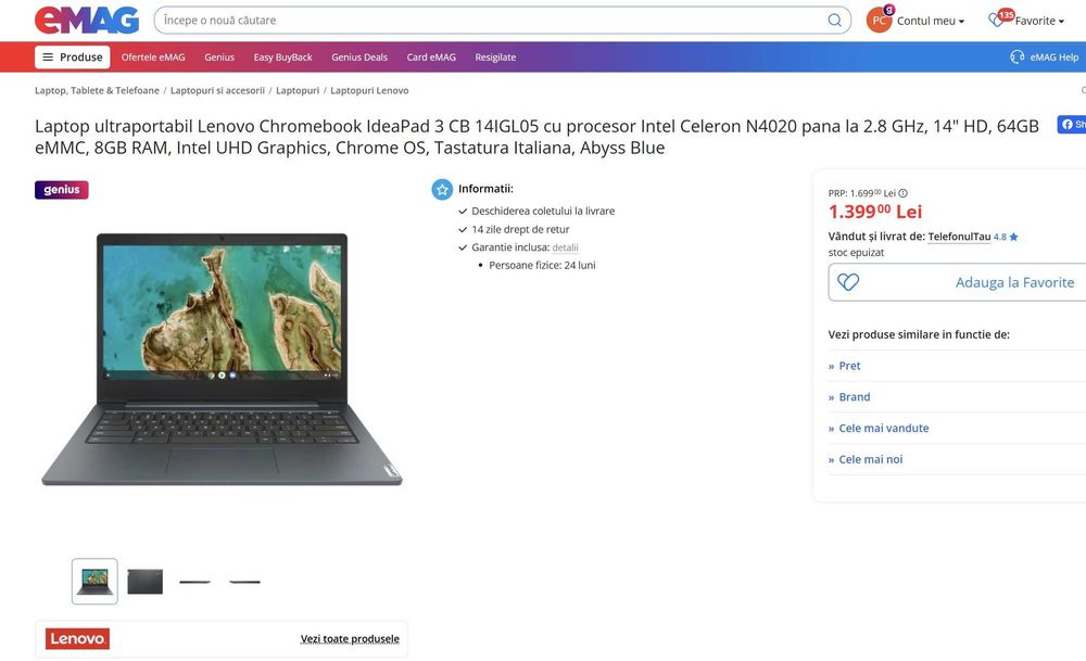 Lenovo Chromebook IdeaPad 3 CB 14IGL05 Intel N4020 8GB 64GB Sigilat