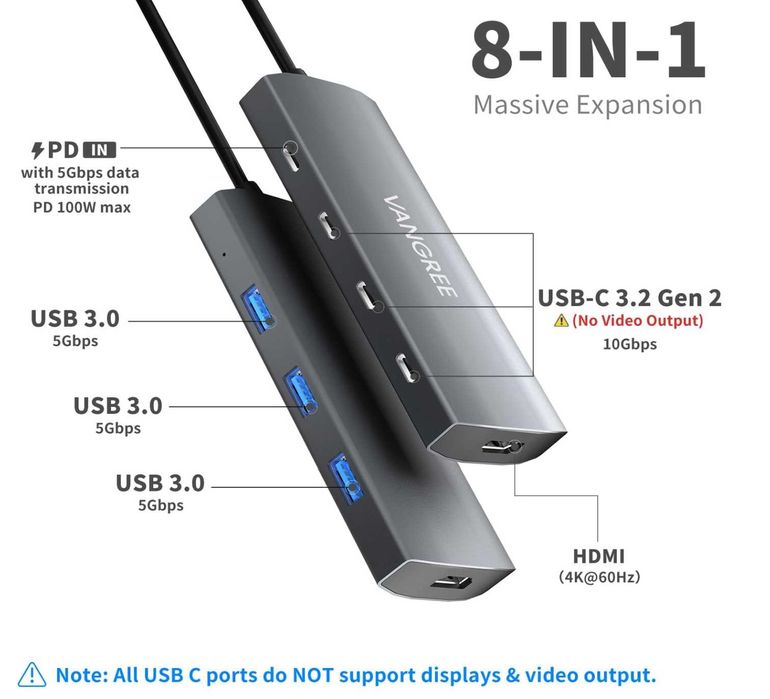 Hub USB C 10Gbps, 3 porturi USB 3.2 Gen 2, HDMI 4K la 60Hz