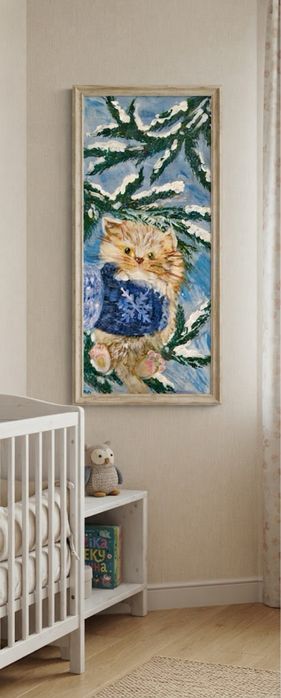 Картина котёнок зима ели снег