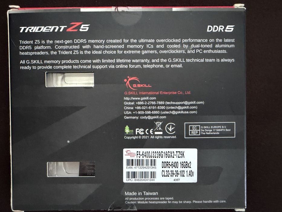 RAM G.Skill de 32GB(2x16GB) DDR5-6400, CL32 F5-6400J3239G16GX2-TZ5K