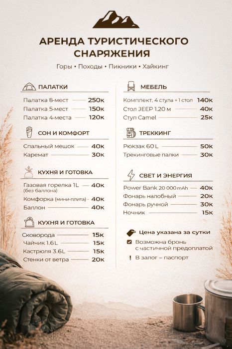 Аренда туристического инвентаря и палатки (5-13мест)