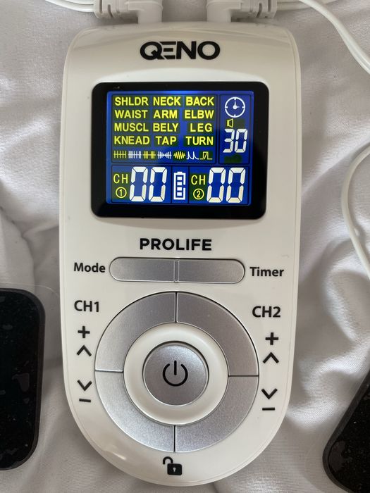 Aparat portabil de masaj cu electrostimulare TENS & EMS QENO Pro Life+ 8 electrozi(fizioterapie/masaj) ,ca NOU