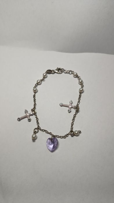 Brățară din Argint 925 cu Perle, Cruciulițe și Inimă Cristal Violet