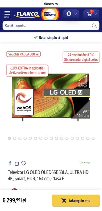 Smart tv Oled LG 65B4 164 cm, 4K 120Hz nou