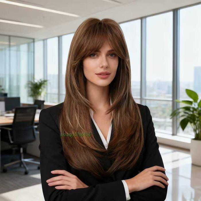 Кафява перука с фини руси кичури и дълъг бретон