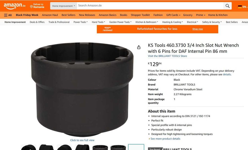 KS Tools 460.3730 fantă de 3/4 inch, 6 pini pentru pin intern DAF 86mm
