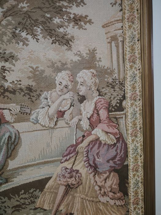 Superba tapiserie veche scenă galantă pastorală cu figuri aristocrati