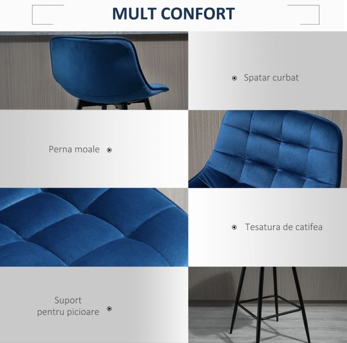 Vand 1 scaun bar Nordic, Catifea Albastra & Confort Sporit