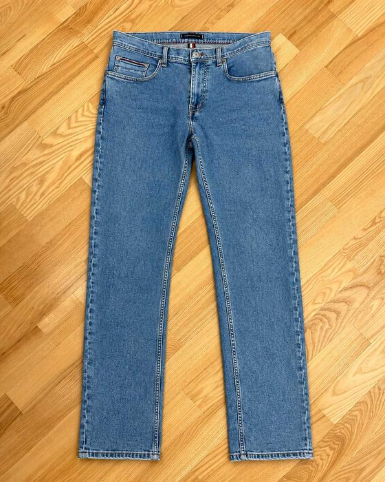Blugi Tommy Hilfiger Denton Stretch bărbați, Straight Fit, denim albastru cu efect washed, bumbac, mărimea M