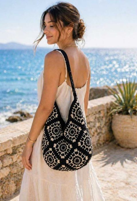Geantă handmade alb-negru din bumbac | Unicat