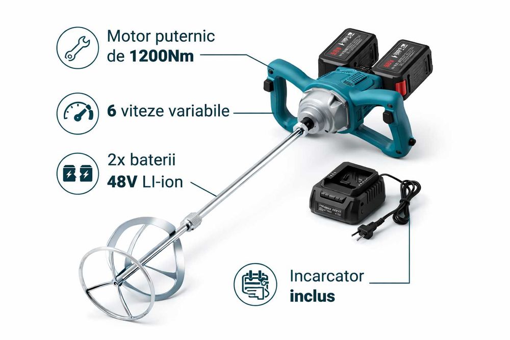 Mixer materiale constructii pe baterii 48V – 6 viteze, puternic