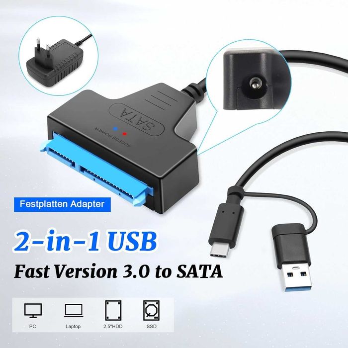 Wowfast SATA към USB адаптер за 2.5/3.5 HDD SSD с захранване