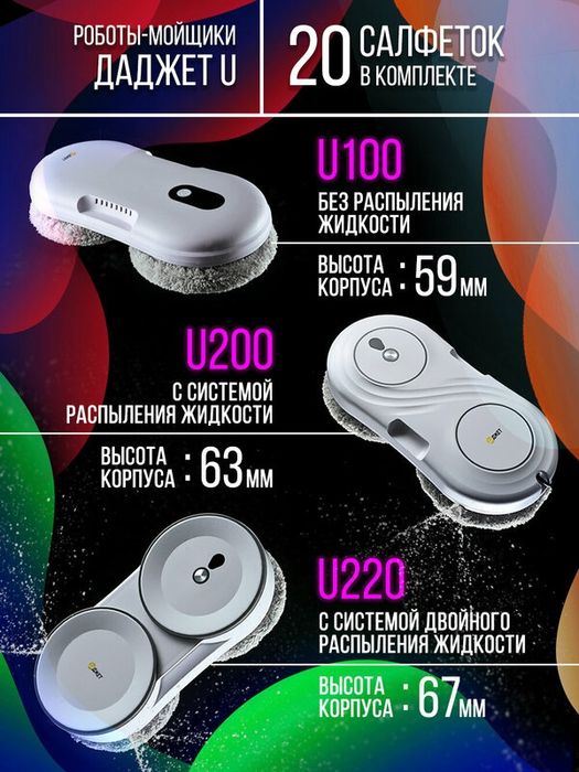 Робот мойщик окон c распылением Даджет U200, тонкий со сменными салфет