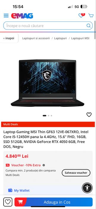 Laptop Gaming MSI GF63 12VE, i5-12450H, 16GB RAM, RTX 4050, 512GB
