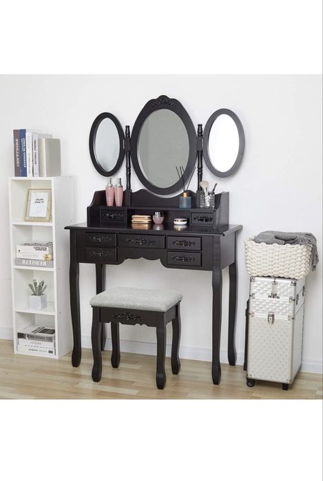 Masă de toaletă-Dressing table cu 3 oglinzi, 7 sertare și taburet, Noua