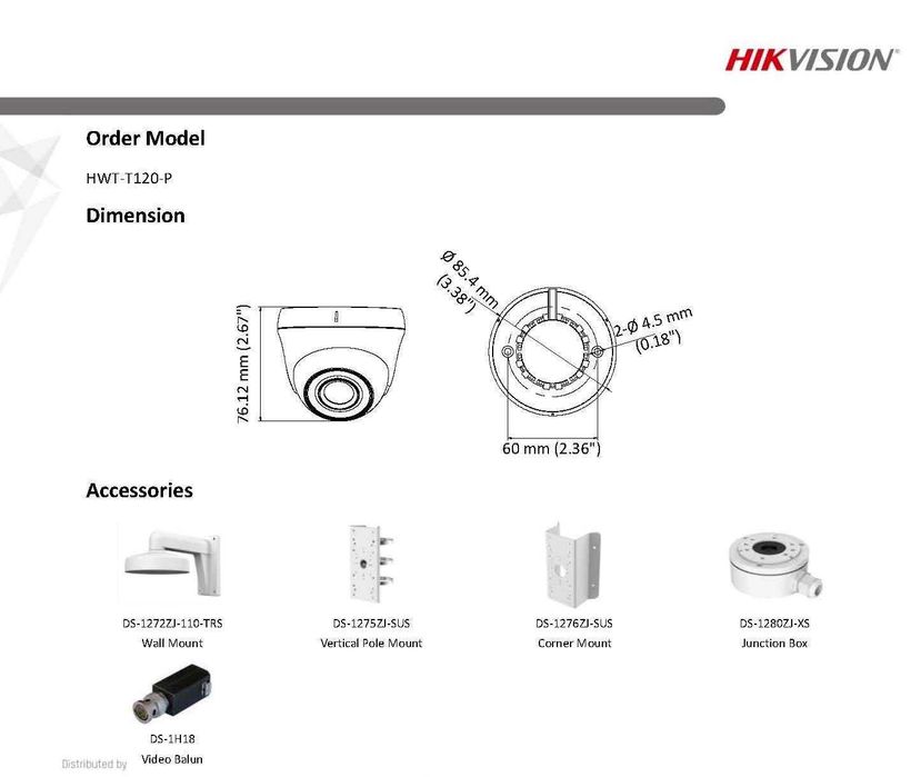 HikVision HWT-T120-P 2MPx Full HD HDTVI AHD HDCVI EXIR Камера 103° Видимост 4в1 HD-TVI HD-CVI CVBS Със Собствен Бутон Превключвател на Видео Режимите