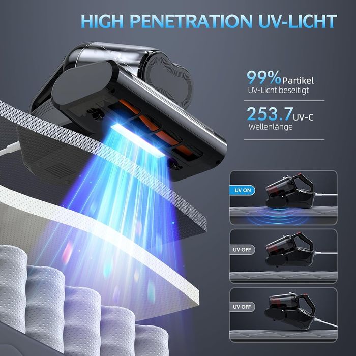 Професионална UV-C прахосмукачка за матраци JPHYLL, 6 степенна филтрация, 600W, 16Kpa