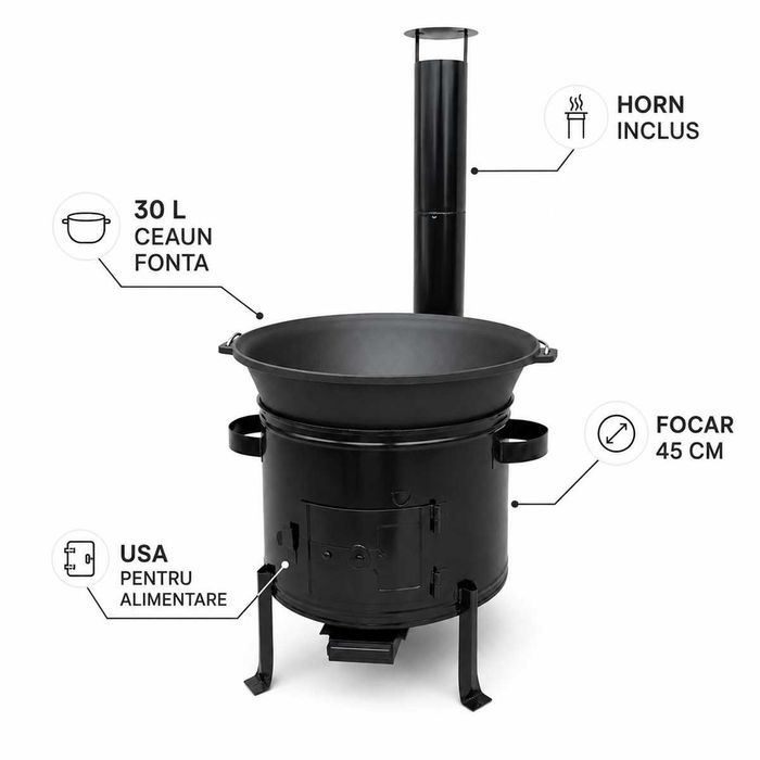 Ceaun Fonta 30L cu Focar 45 cm si Horn pentru Gatit Traditional