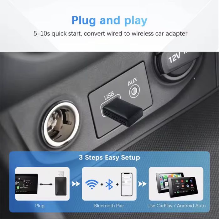 Carplay adaptor wireless mini Plug and Play, Bluetooth 5