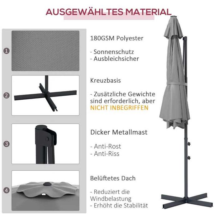 Конзолен чадър Outsunny Ø3 м, накланящ се, въртящ се, ръчна манивела