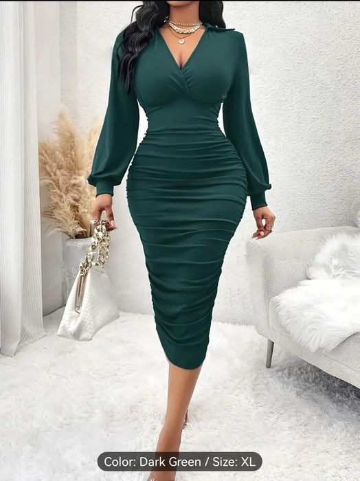 Ruched Surplice Neck Bodycon Dress, Elegant Long Sleeve Collared Solid