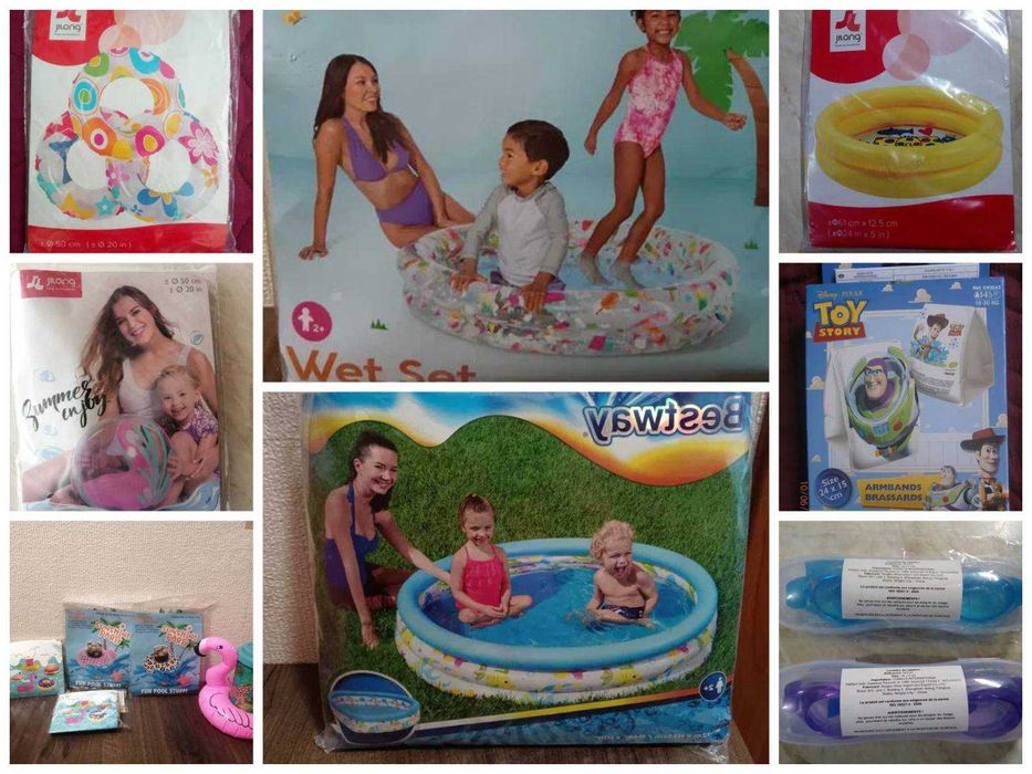 Нови надуваеми басейни,топка Фламинго,пояси Риба,плувки,очила.