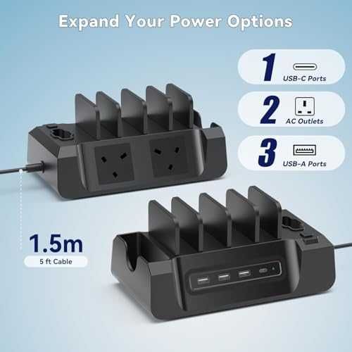 Нова 6 в 1 зарядна станция с AC USB USB-C за телефон таблет слушалки и часовник