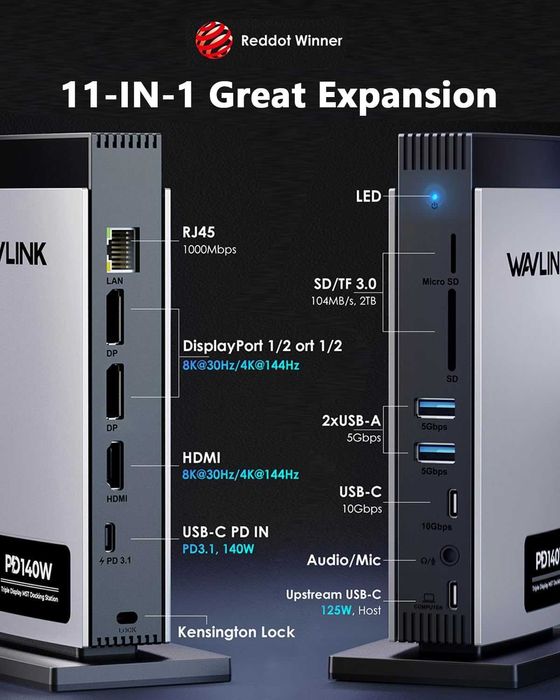 USB C докинг станция за лаптоп WAVLINK, три монитора, 2*DP, HDMI