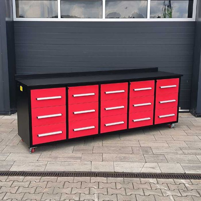 Dulap pentru scule din oțel, vopsit în roșu – 15 sertare