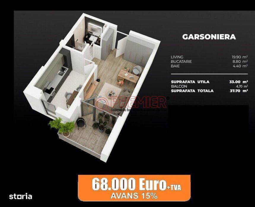 Locuieste langa Metrou - Garsonieră 37,70 mp - Direct Dezvoltator |
