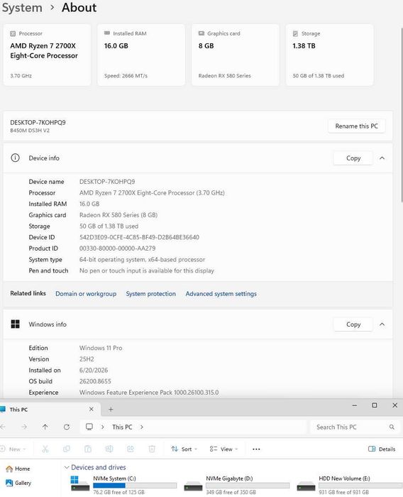 PC Complet Ryzen 2700x 16gb ddr4 Rx580 Phantom NVMe Ultra Corsair ARGB