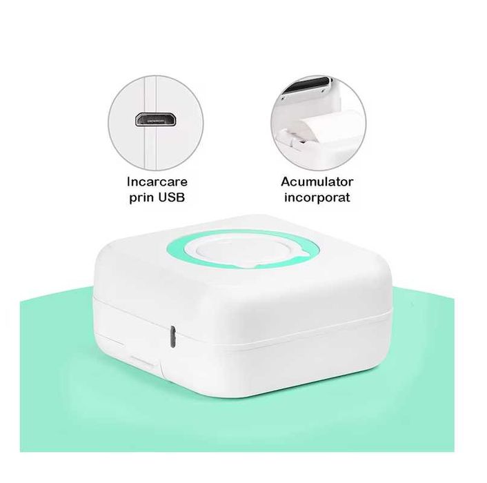 Мини принтер за деца, Bluetooth, USB зареждане, Бял