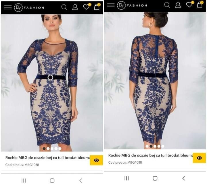 Rochie midi bej cu tull brodat bleumarin