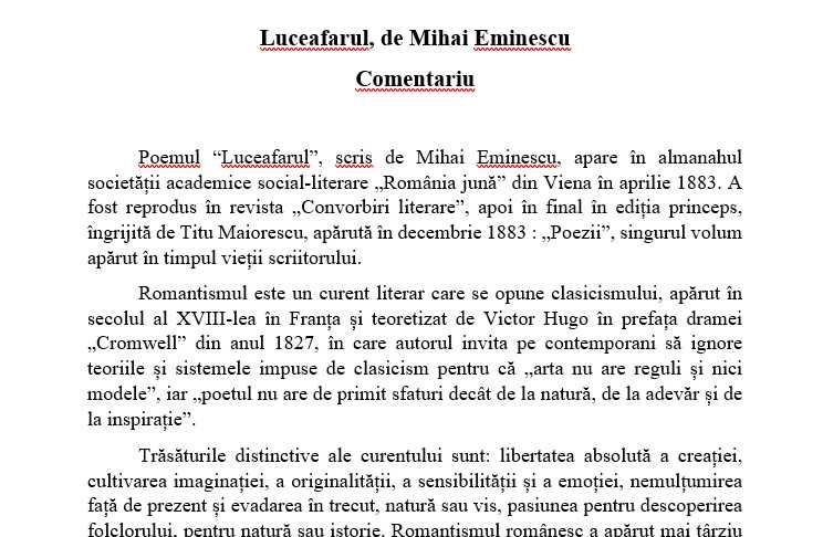 Comentarii literare liceu, conforme cu cerinte bareme BAC